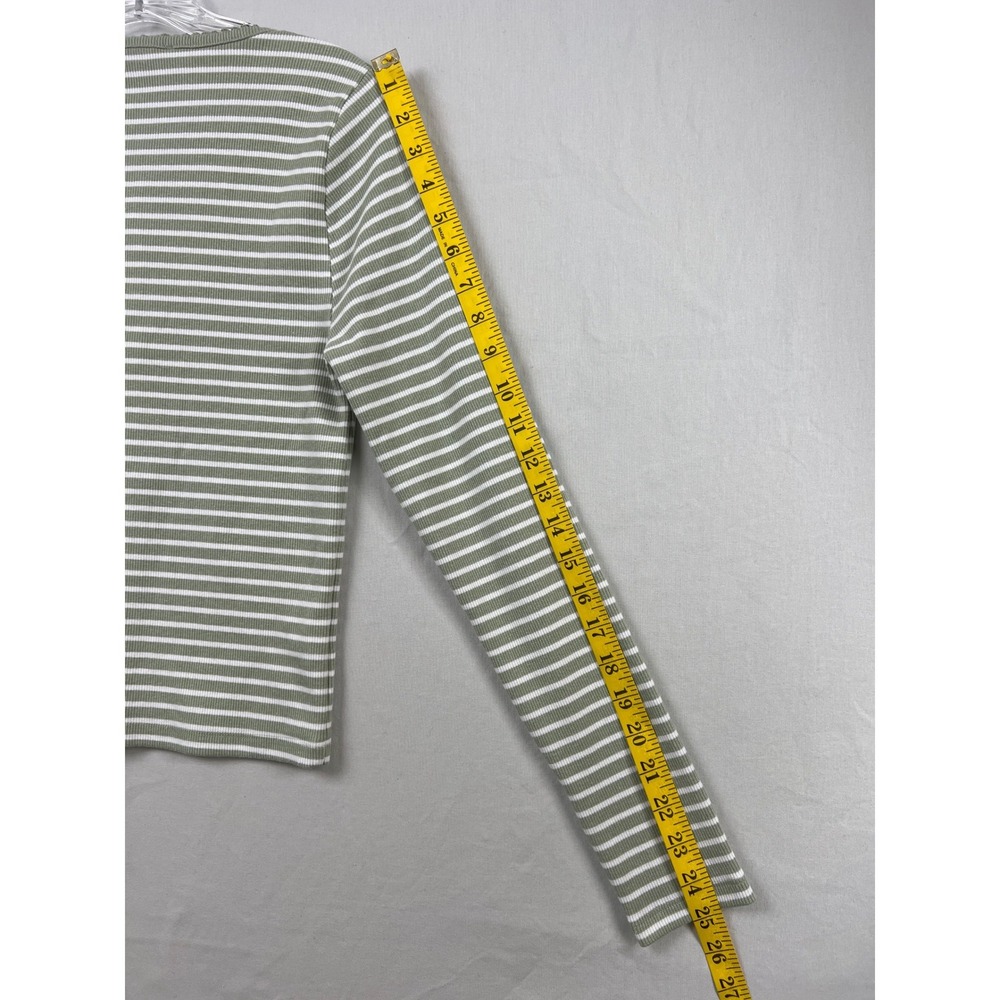 LOFT Cardigan Womens Medium Green White Striped Ribbed Knit Button Front Top - Picture 7 of 8